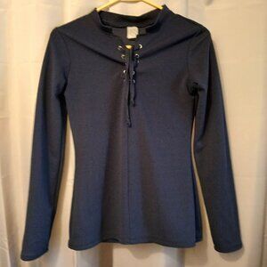 New Lace Up Henley T-shirt Top XS Dark Blue Bullet texture fabric Diamondknit LS